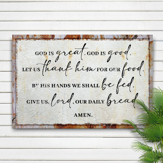 God Is Great God Is Good Prayer Sign II canvas with rustic frame on weathered white wood backdrop on Tampa Home & Garden Store