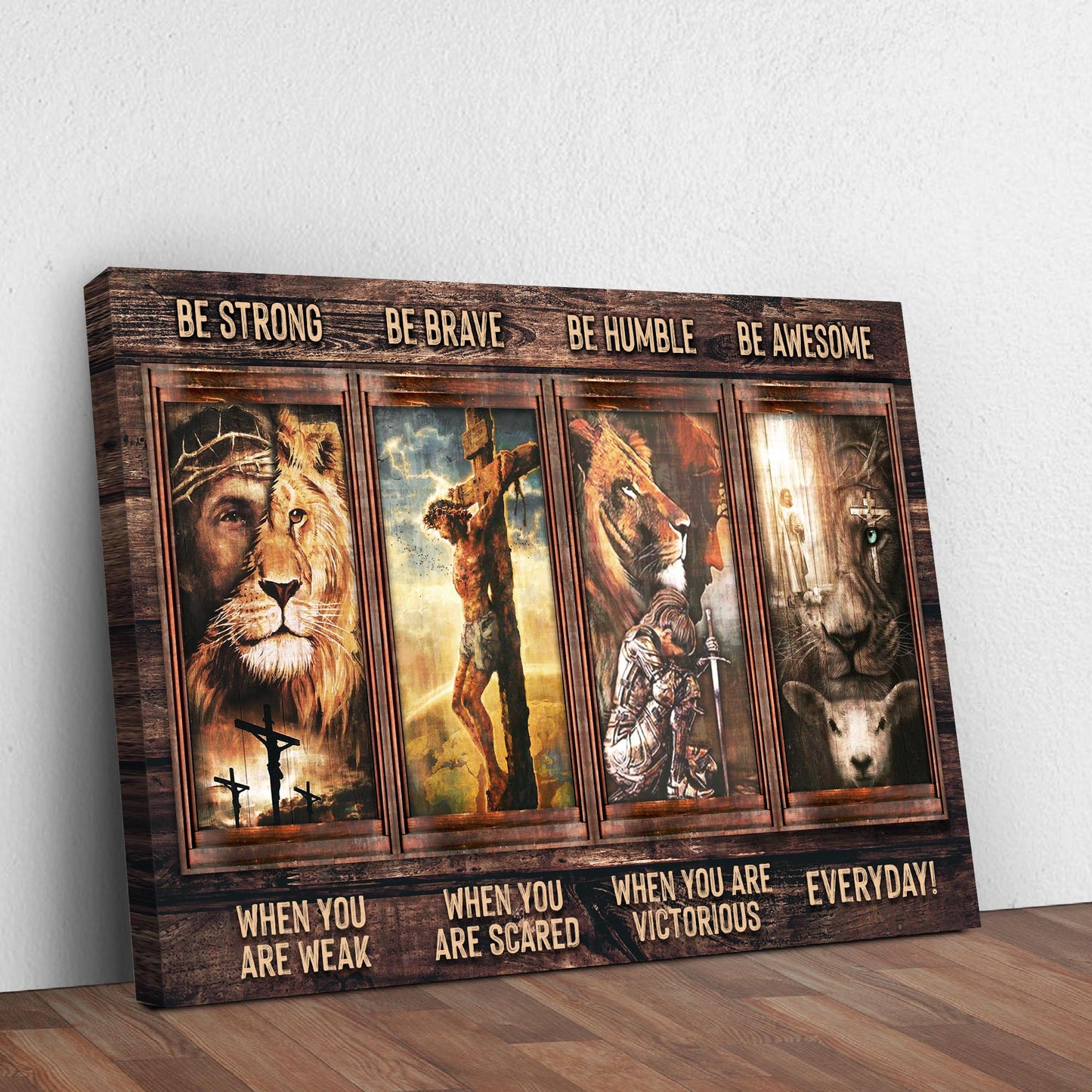 Canvas wall art by Tailored Canvases, rustic four-panel lion scene with Be Strong Be Brave on Tampa Home & Garden Store