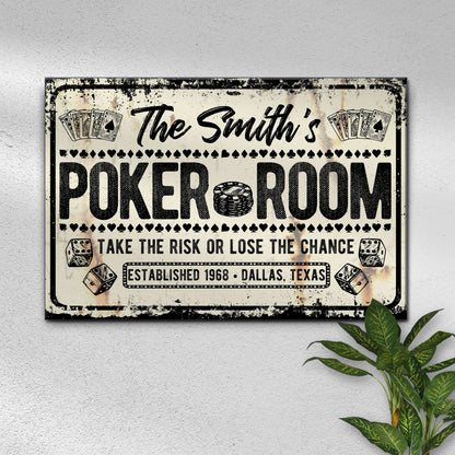 Take The Risk Poker Room sign canvas, distressed look with black typography and cards on Tampa Home & Garden Store