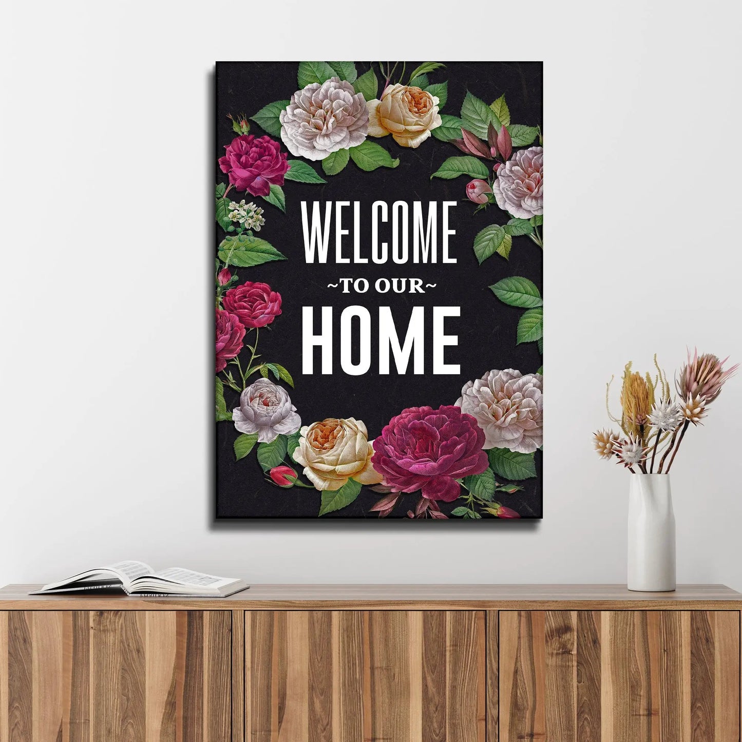 Welcome To Our Home floral canvas sign with bold white text and rose border on black background on Tampa Home & Garden Store