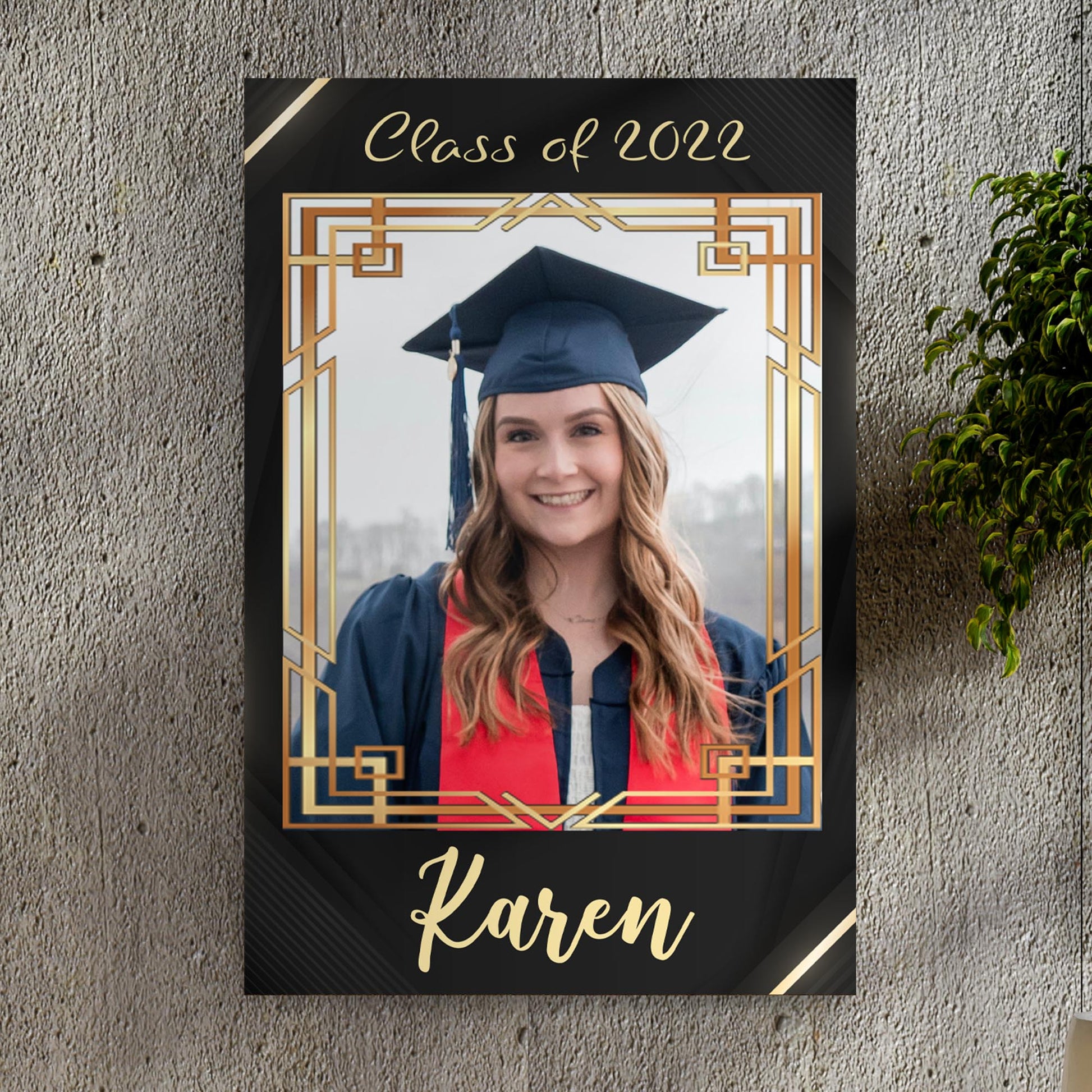Graduation Gift Portrait Sign II canvas by Tailored Canvases, black backdrop with gold frame on Tampa Home & Garden Store