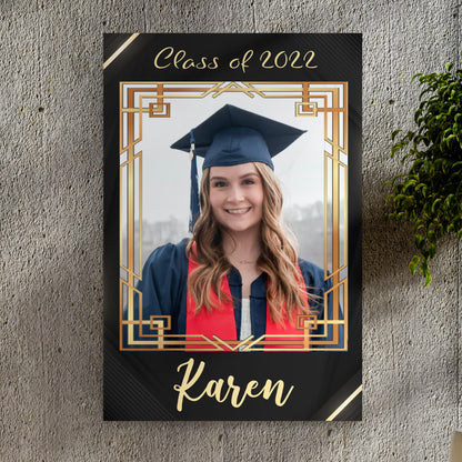 Graduation Gift Portrait Sign II canvas by Tailored Canvases, black backdrop with gold frame on Tampa Home & Garden Store
