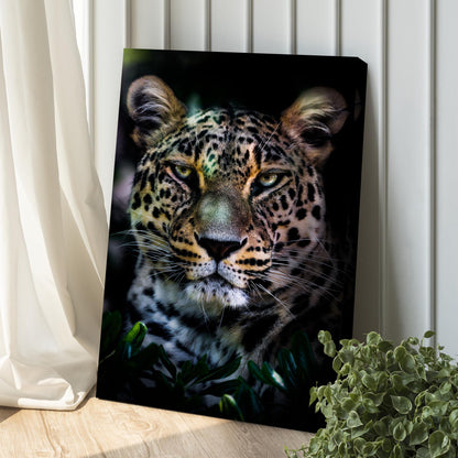 Sneaky Jungle Leopard Portrait Canvas wall art by Tailored Canvases, close-up leopard face on Tampa Home & Garden Store