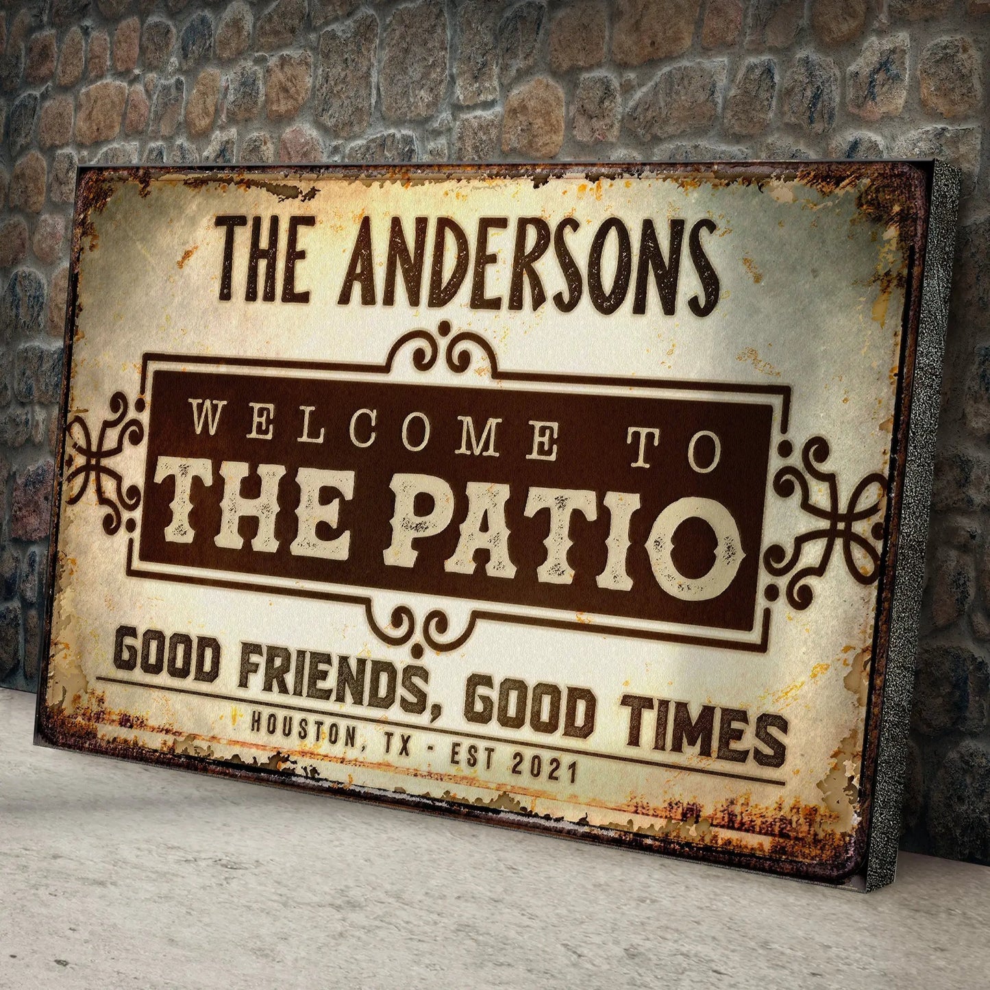 Canvas Welcome To The Patio Sign rustic vintage plaque with weathered brown lettering on Tampa Home & Garden Store