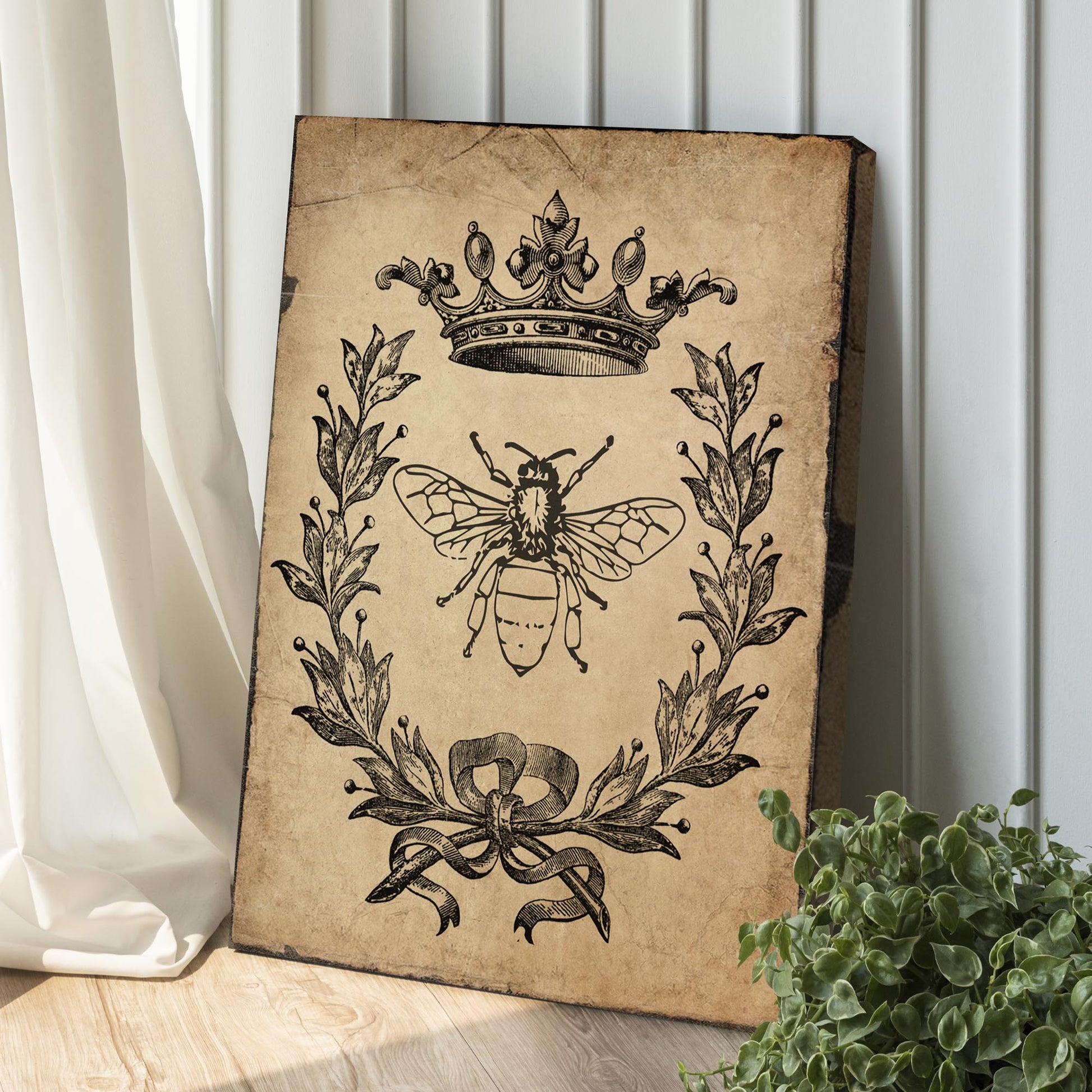 Queen Bee vintage canvas wall art with crown and botanicals on parchment Tailored Canvases on Tampa Home & Garden Store