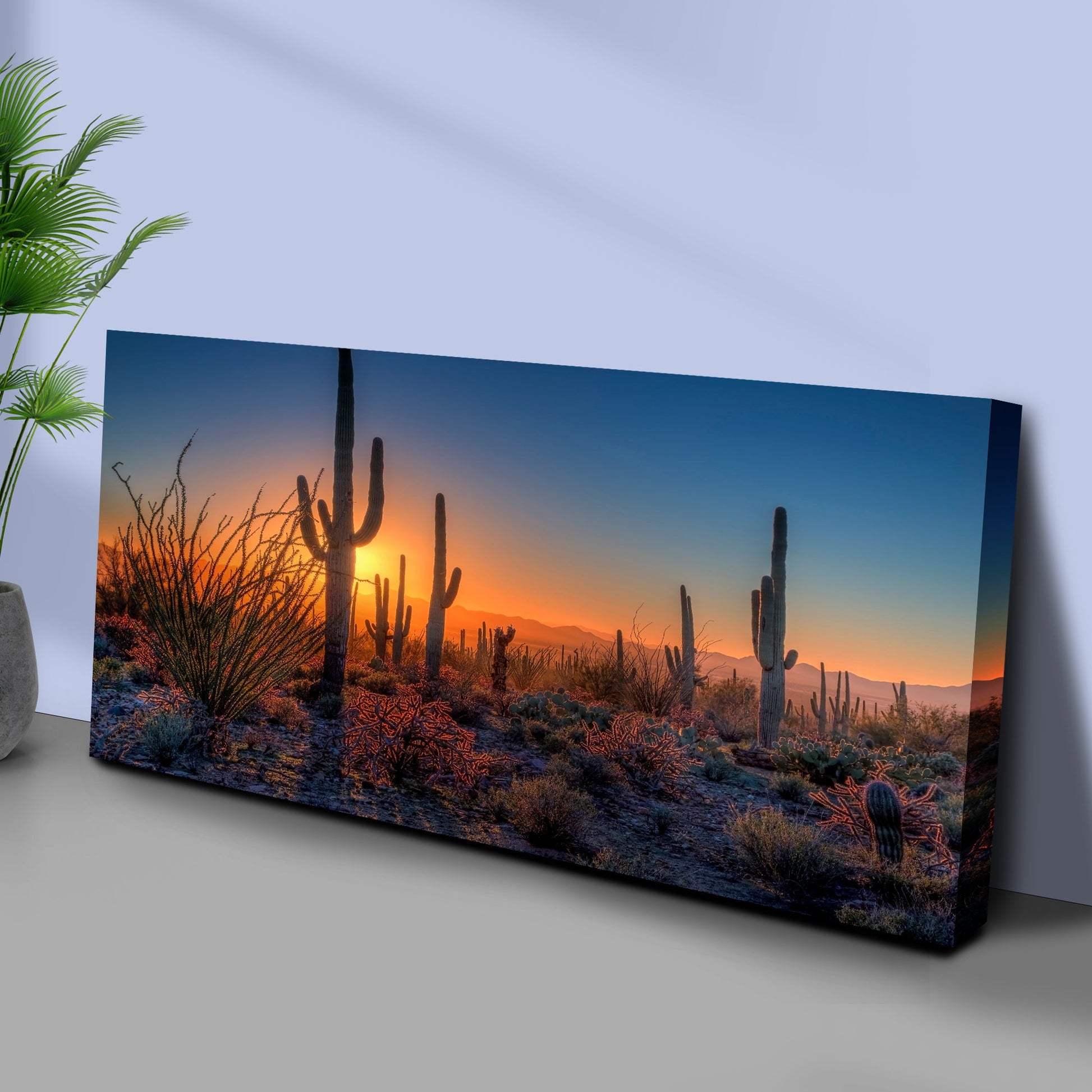 Desert Dusk Canvas Wall Art by Tailored Canvases; sunset with tall cacti on crafting canvas on Tampa Home & Garden Store