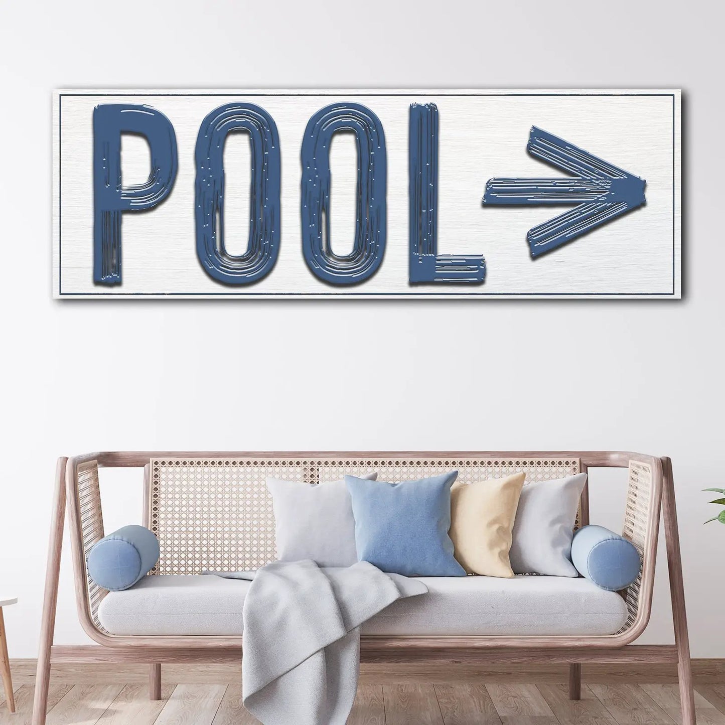 Pool Arrow Sign canvas by Tailored Canvases with bold blue lettering and arrow on brushed metal on Tampa Home & Garden Store