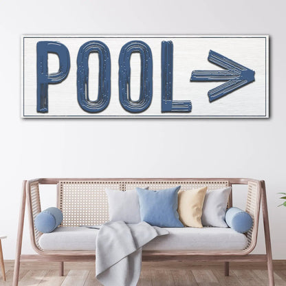 Pool Arrow Sign canvas by Tailored Canvases with bold blue lettering and arrow on brushed metal on Tampa Home & Garden Store