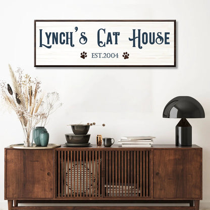 Cat House Sign canvas with whitewashed planks, navy Lynch's Cat House lettering and paw prints on Tampa Home & Garden Store