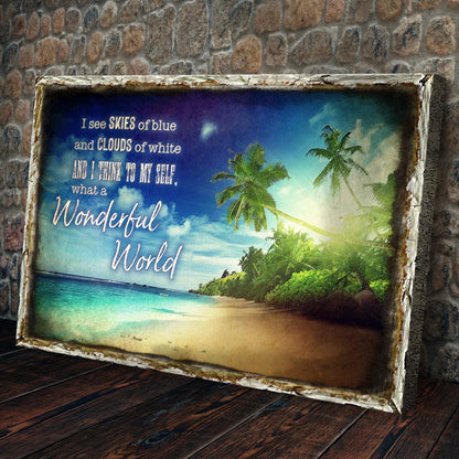 What A Wonderful World Sign IX canvas featuring tropical beach scene and distressed white frame on Tampa Home & Garden Store