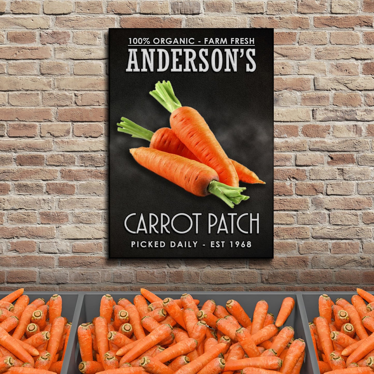 Carrot Patch Canvas Sign by Tailored Canvases, 100% Organic with orange carrots on black canvas on Tampa Home & Garden Store