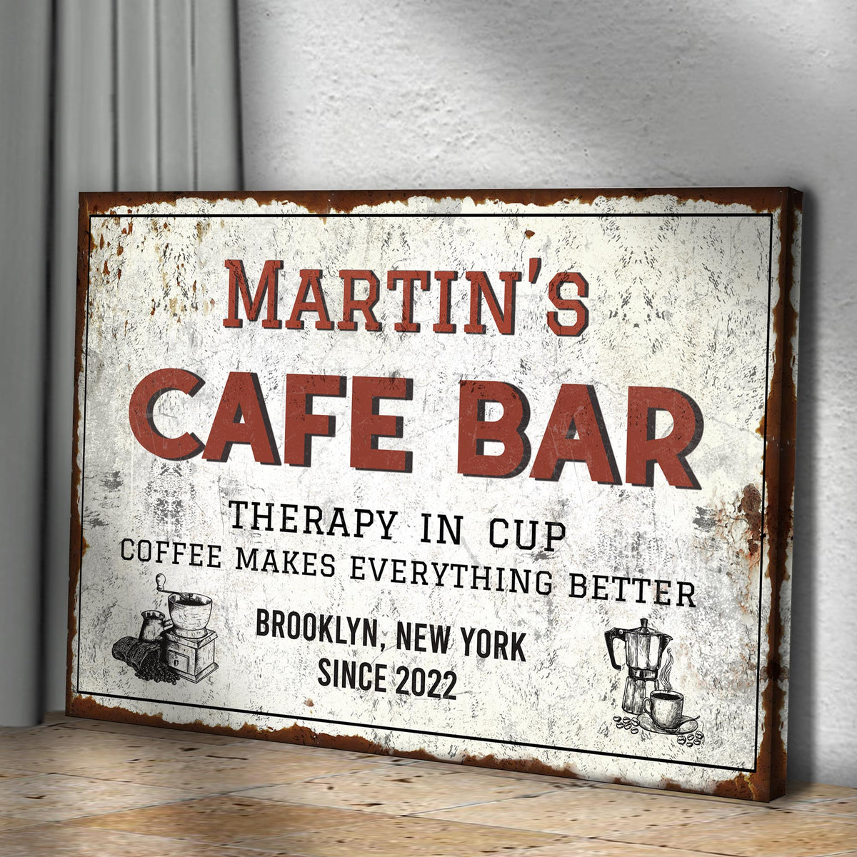 Cafe Bar sign canvas with distressed white panel and red lettering rusted border on Tampa Home & Garden Store