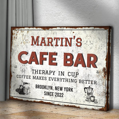Cafe Bar sign canvas with distressed white panel and red lettering rusted border on Tampa Home & Garden Store