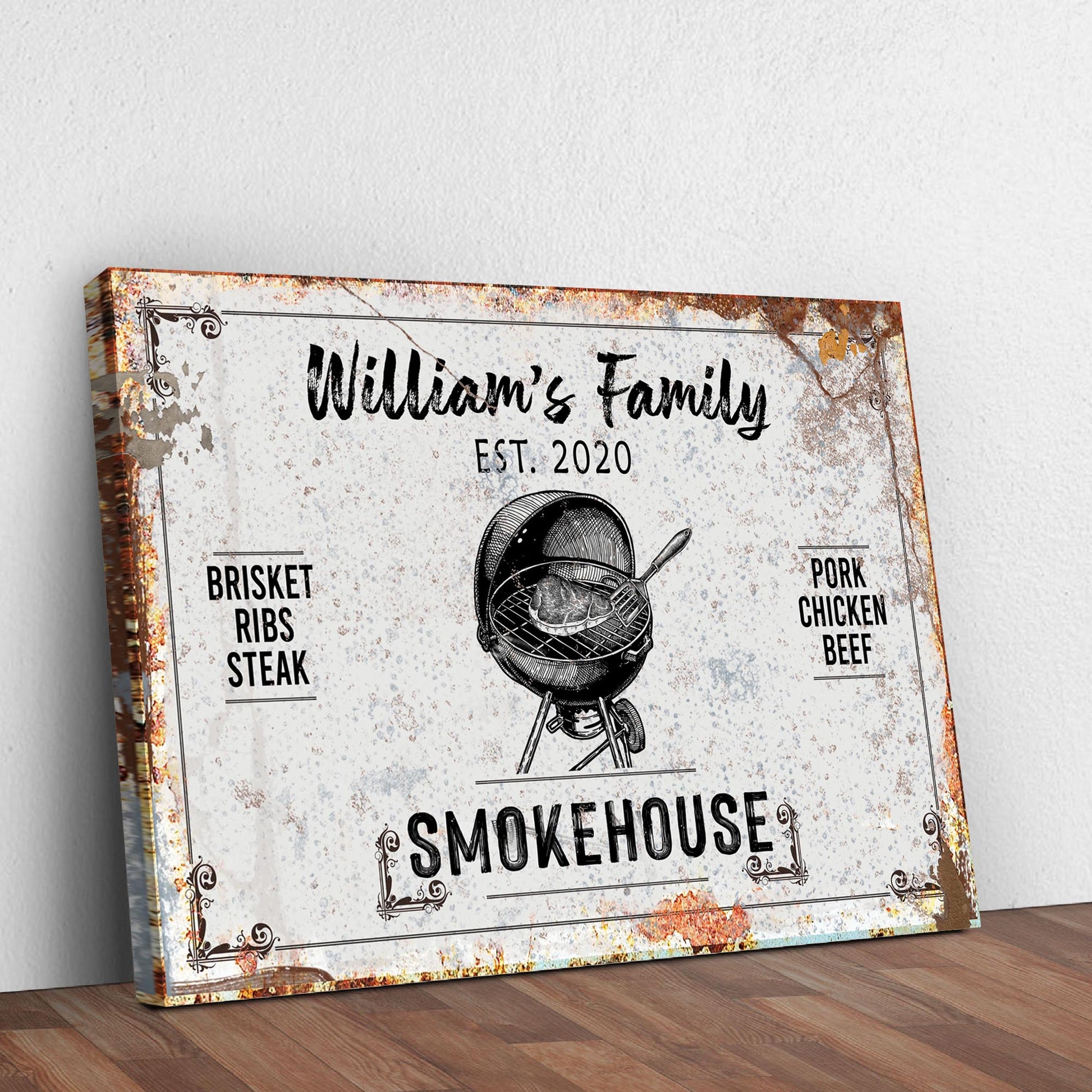 Family Smokehouse Sign II canvas by Tailored Canvases; rustic border, grill motif on Tampa Home & Garden Store