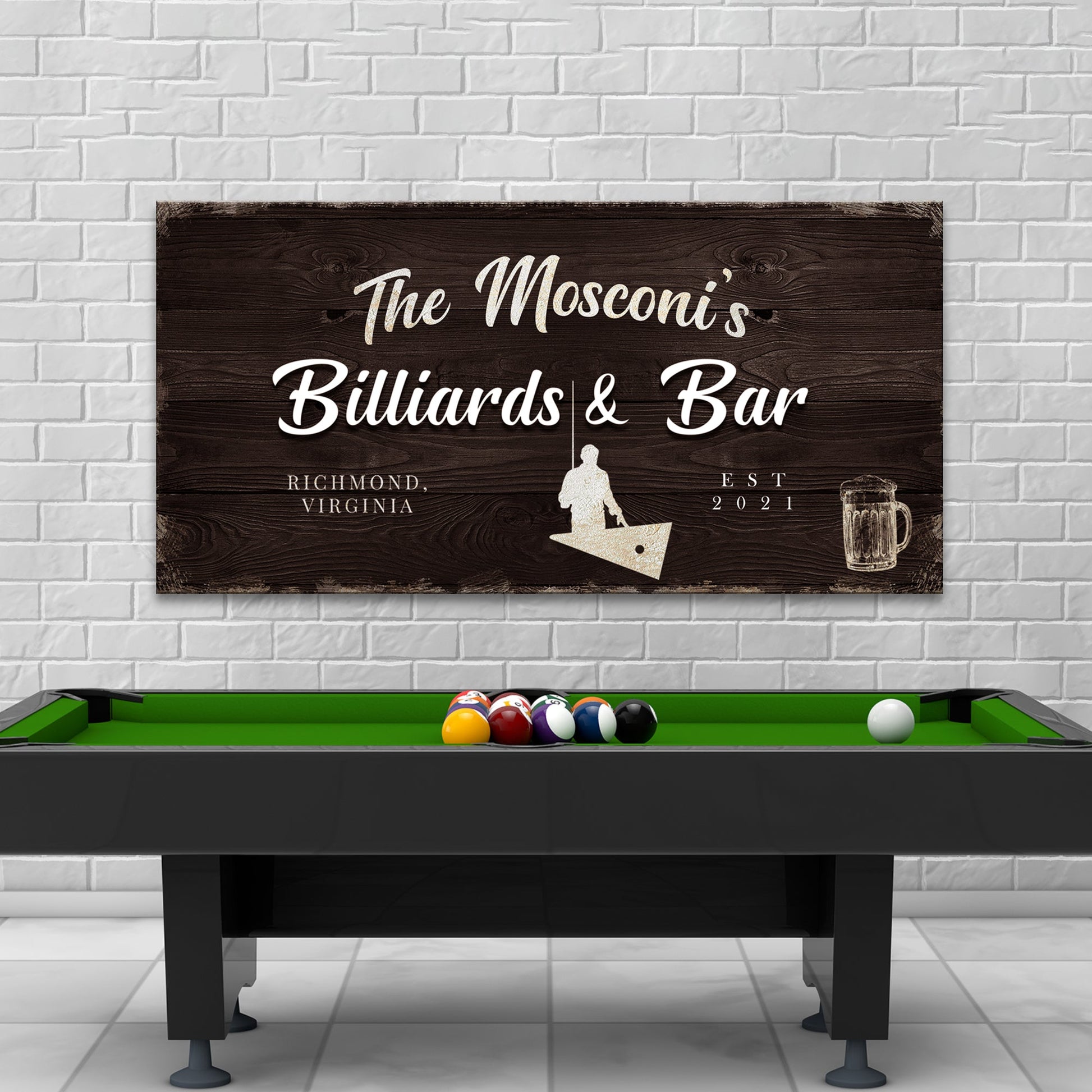 Canvas sign The Mosconi's Billiards & Bar with dark wood grain finish on white brick wall on Tampa Home & Garden Store