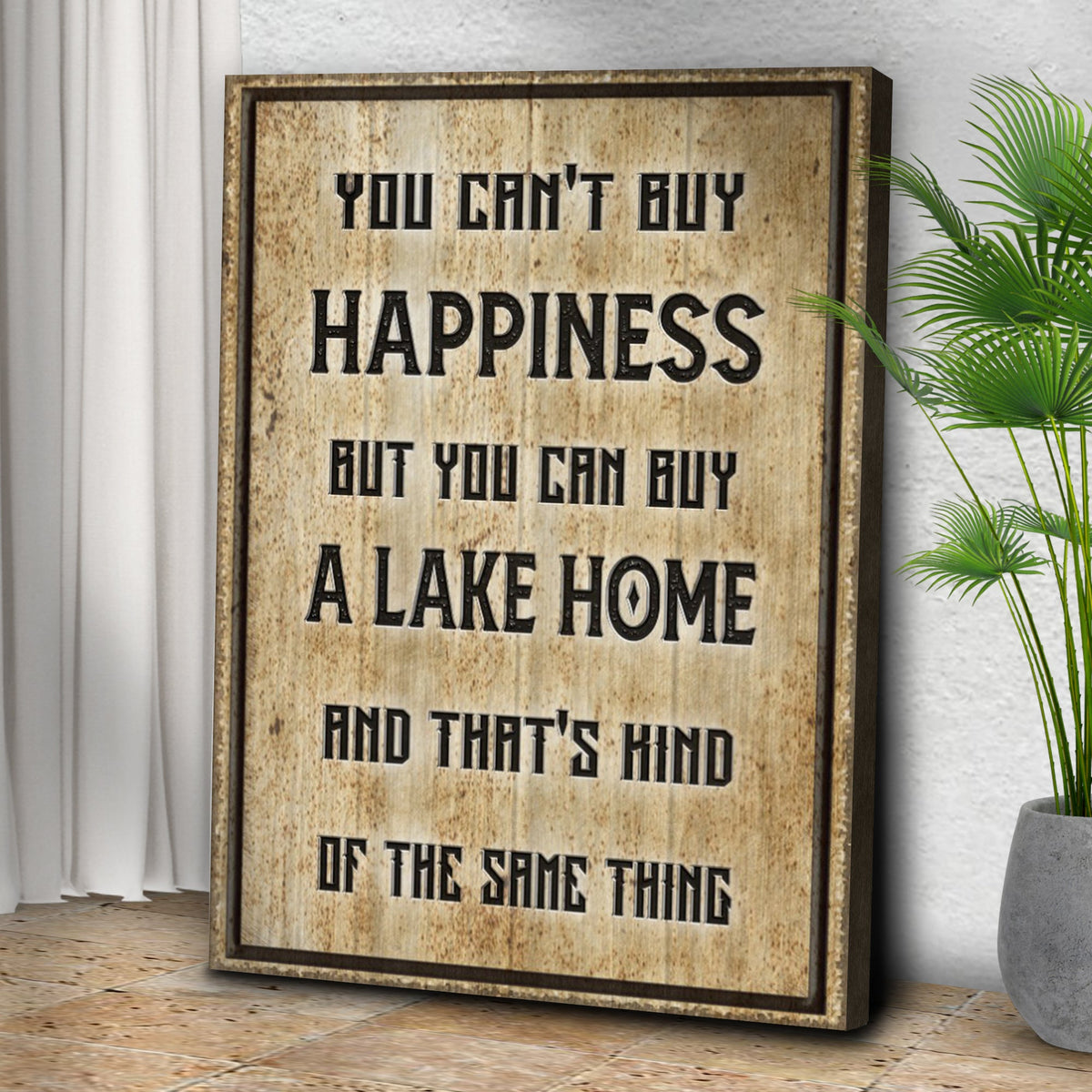 Lake Home Sign canvas by Tailored Canvases with rustic wood and bold lettering on Tampa Home & Garden Store