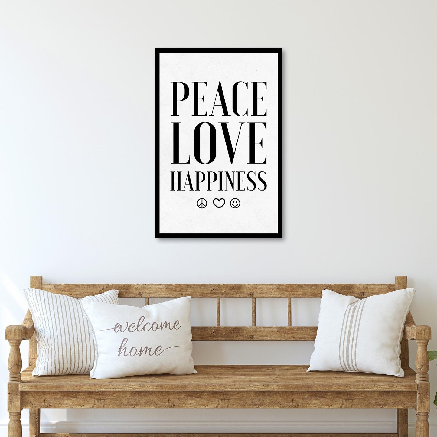 Peace Love Happiness Sign II canvas print with black frame on Tampa Home & Garden Store