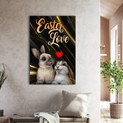 Easter Love Sign canvas with peach script on black background two rabbits and a heart on Tampa Home & Garden Store