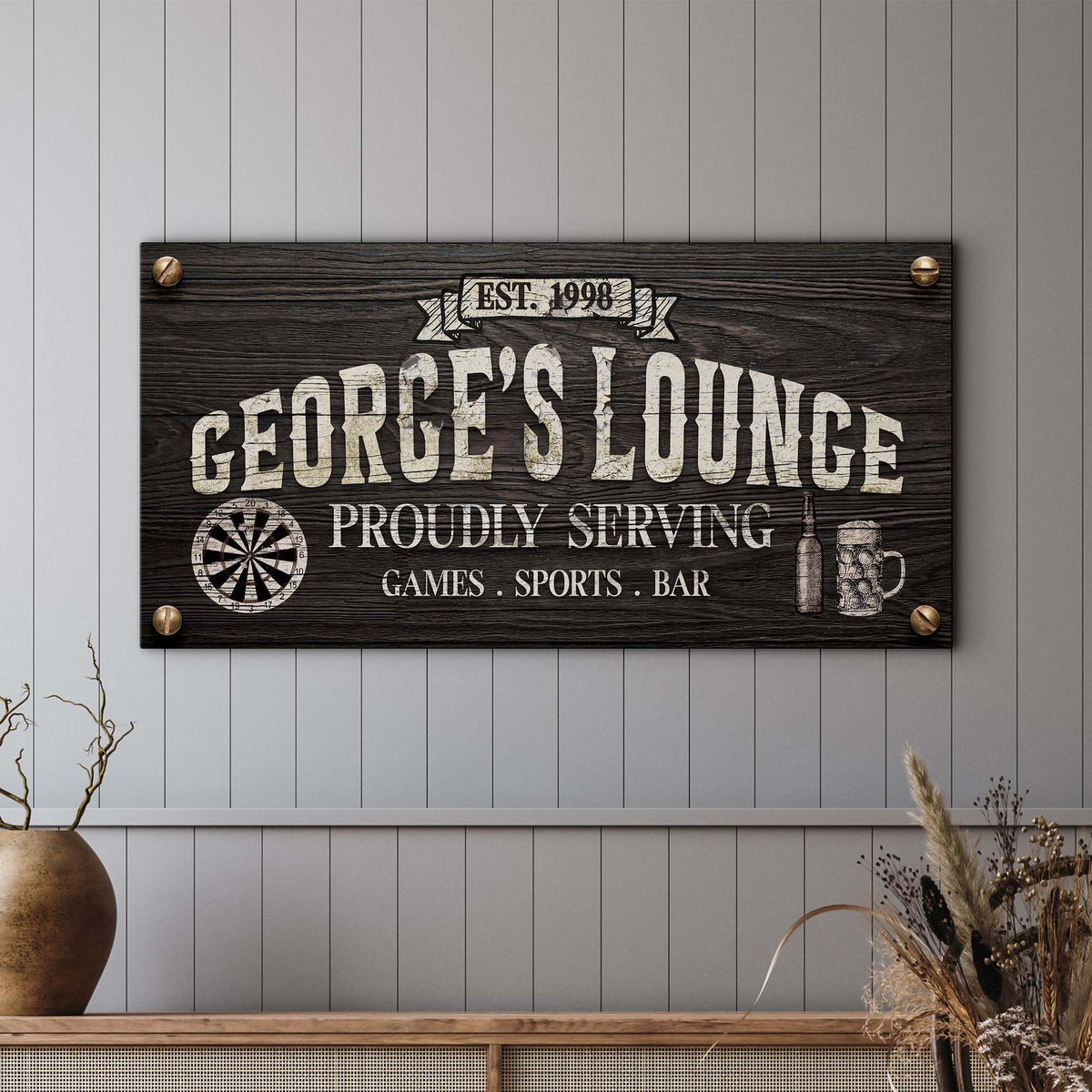 Proudly Serving Lounge Sign canvas by Tailored Canvases with rustic woodgrain panel on Tampa Home & Garden Store