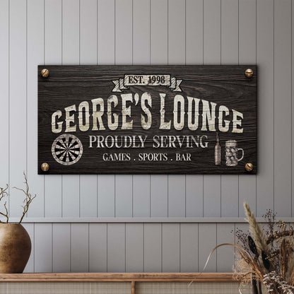Proudly Serving Lounge Sign canvas by Tailored Canvases with rustic woodgrain panel on Tampa Home & Garden Store