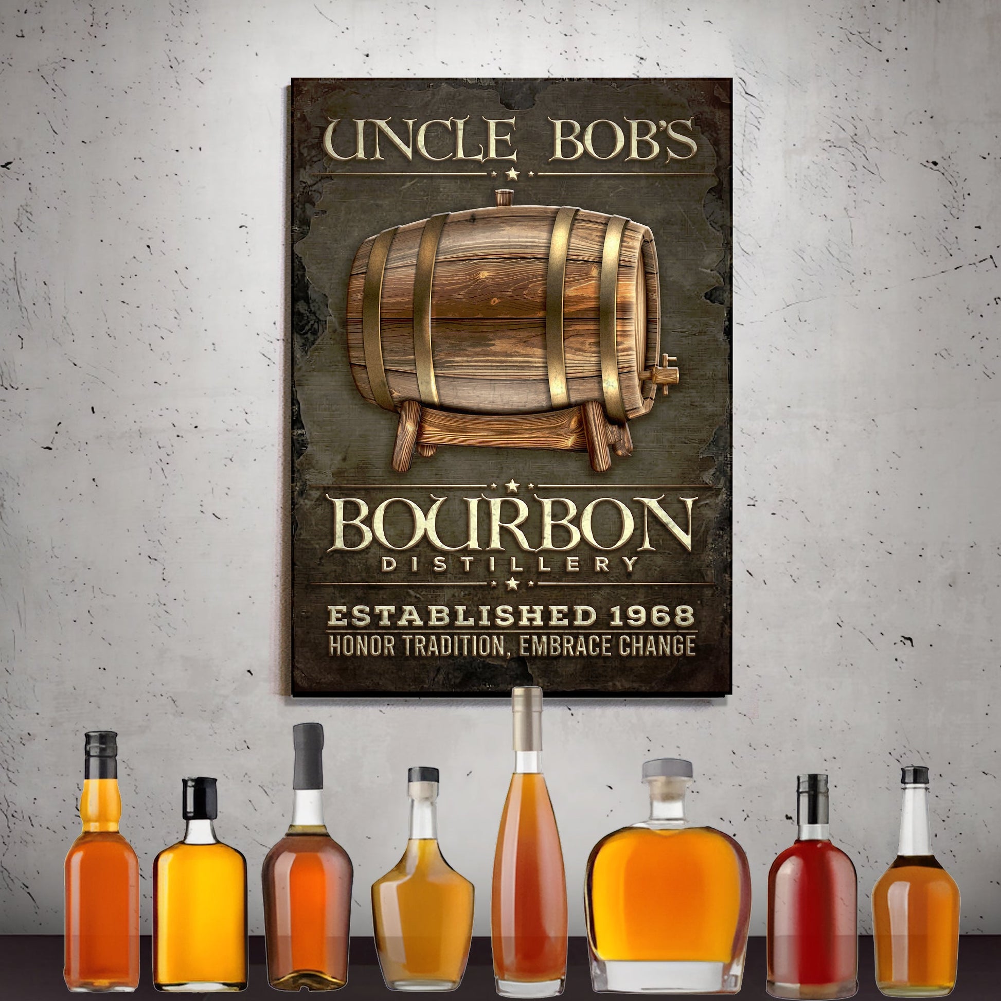Bourbon Distillery Sign canvas with a weathered wooden barrel and brass bands on Tampa Home & Garden Store