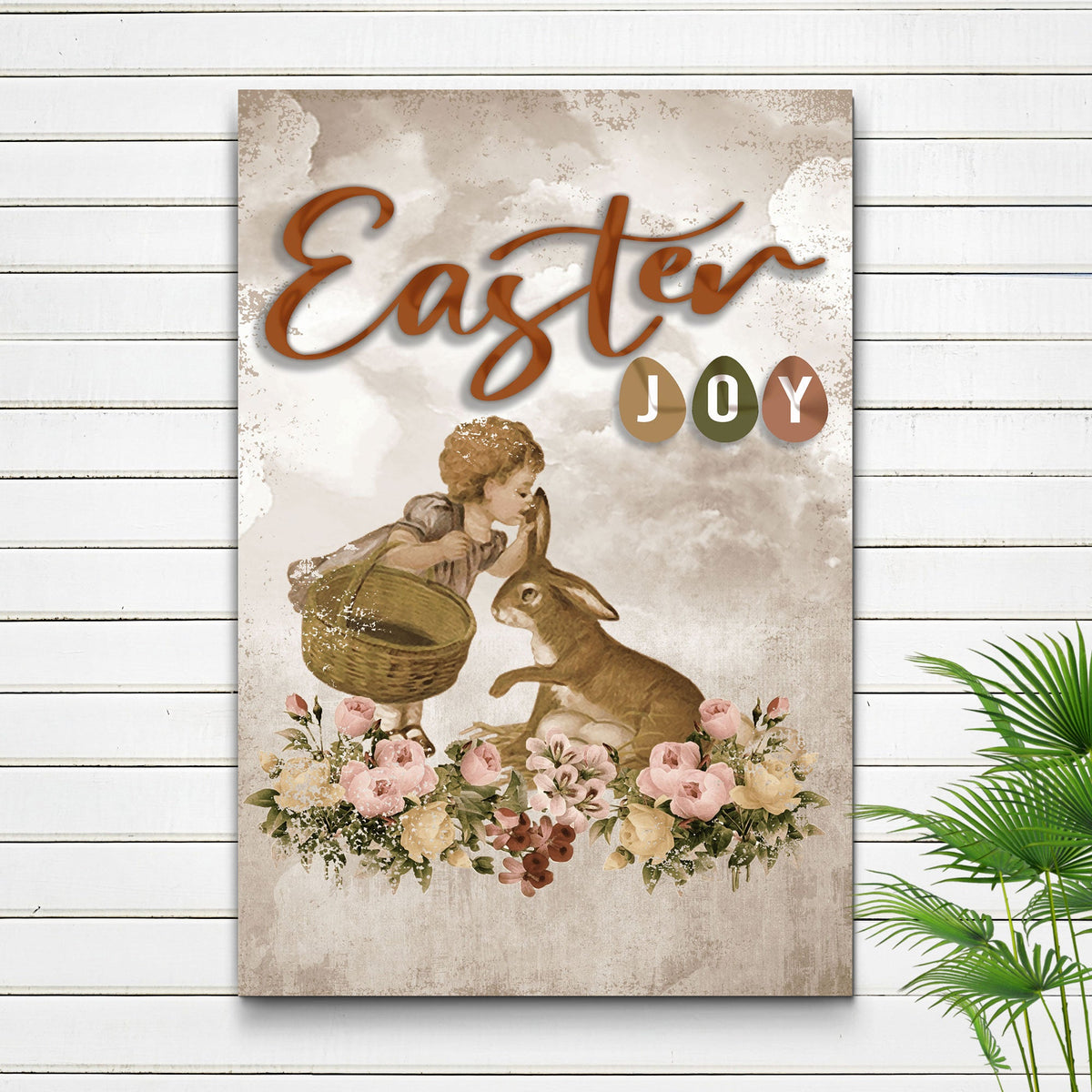Easter Joy Sign II canvas by Tailored Canvases vintage bouquet with girl and rabbit design on Tampa Home & Garden Store