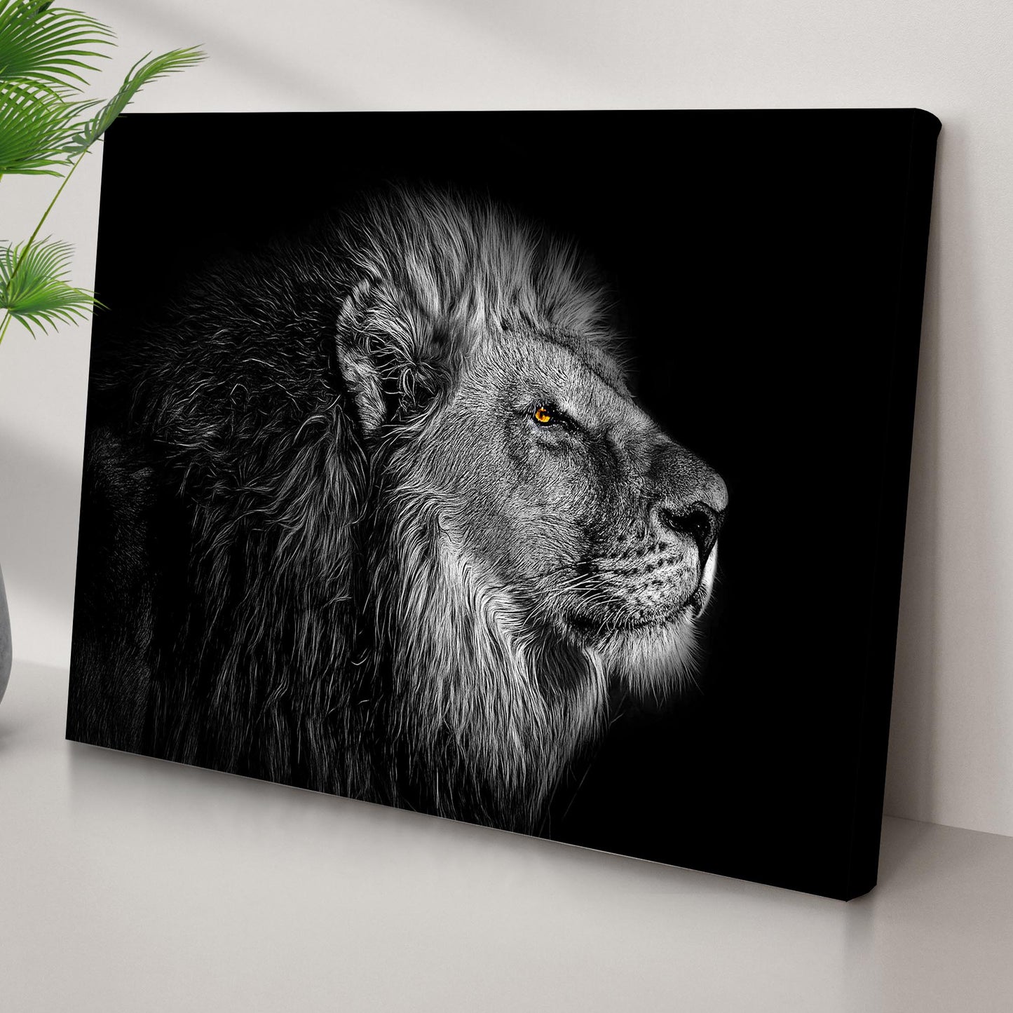 Black and white lion head canvas by Tailored Canvases, bold monochrome wall art on Tampa Home & Garden Store