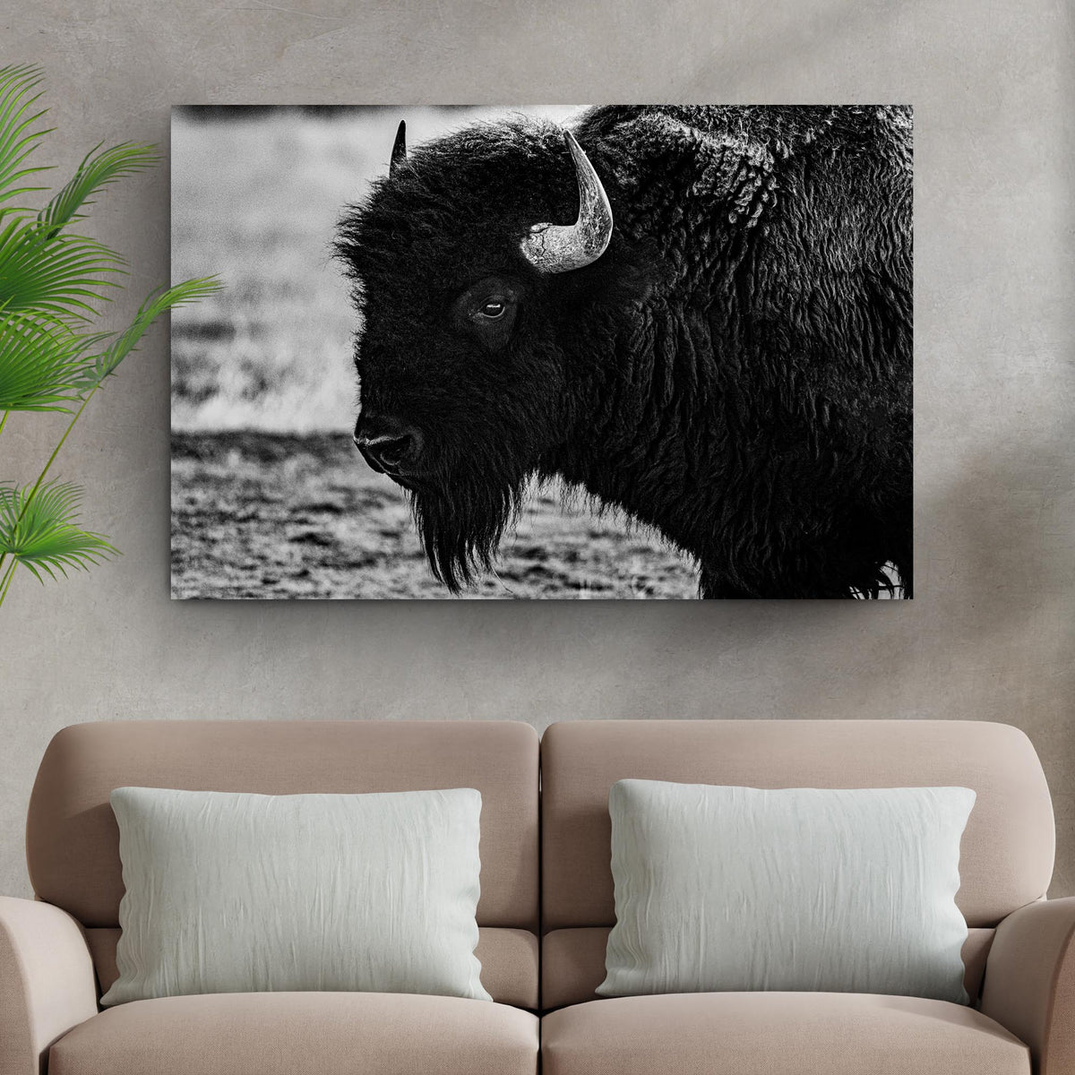 Black and White Bison Canvas Wall Art by Tailored Canvases, black textured buffalo portrait canvas on Tampa Home & Garden Store