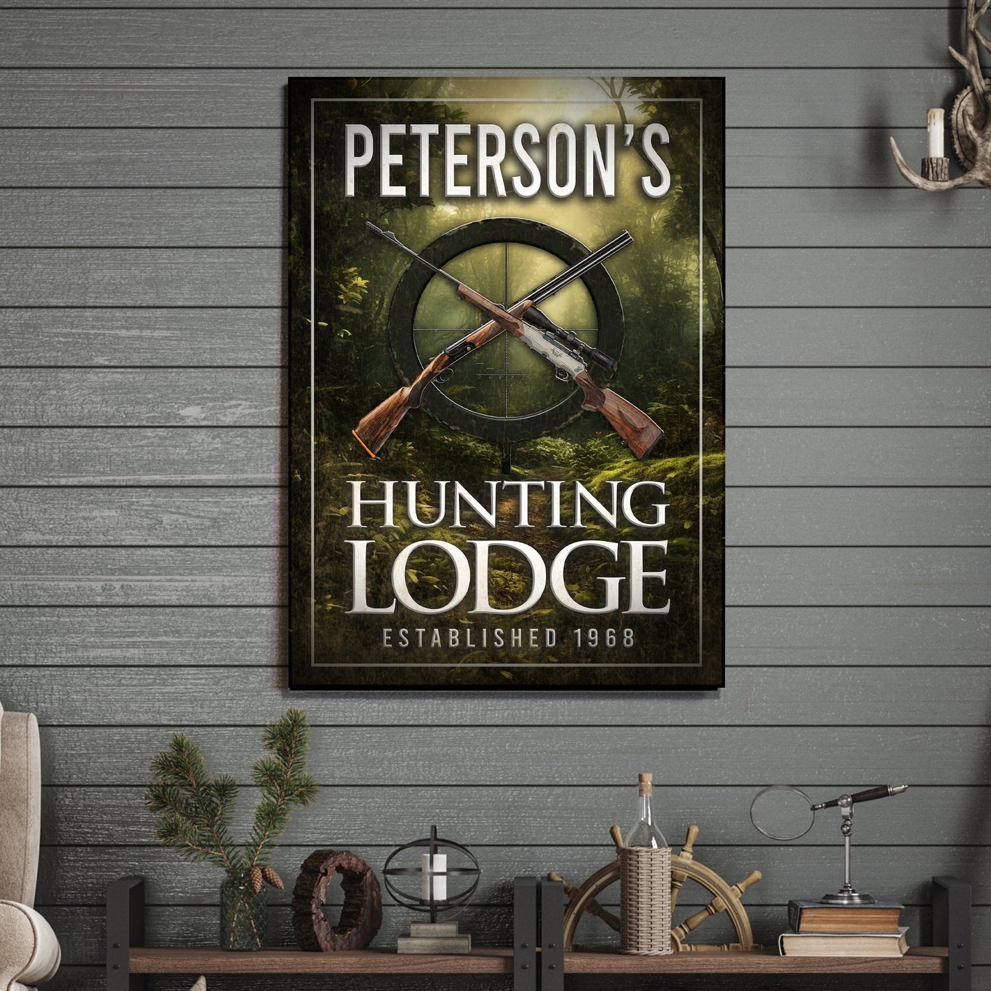 Family Hunting Lodge canvas sign with crossed rifles over a target by Tailored Canvases on Tampa Home & Garden Store