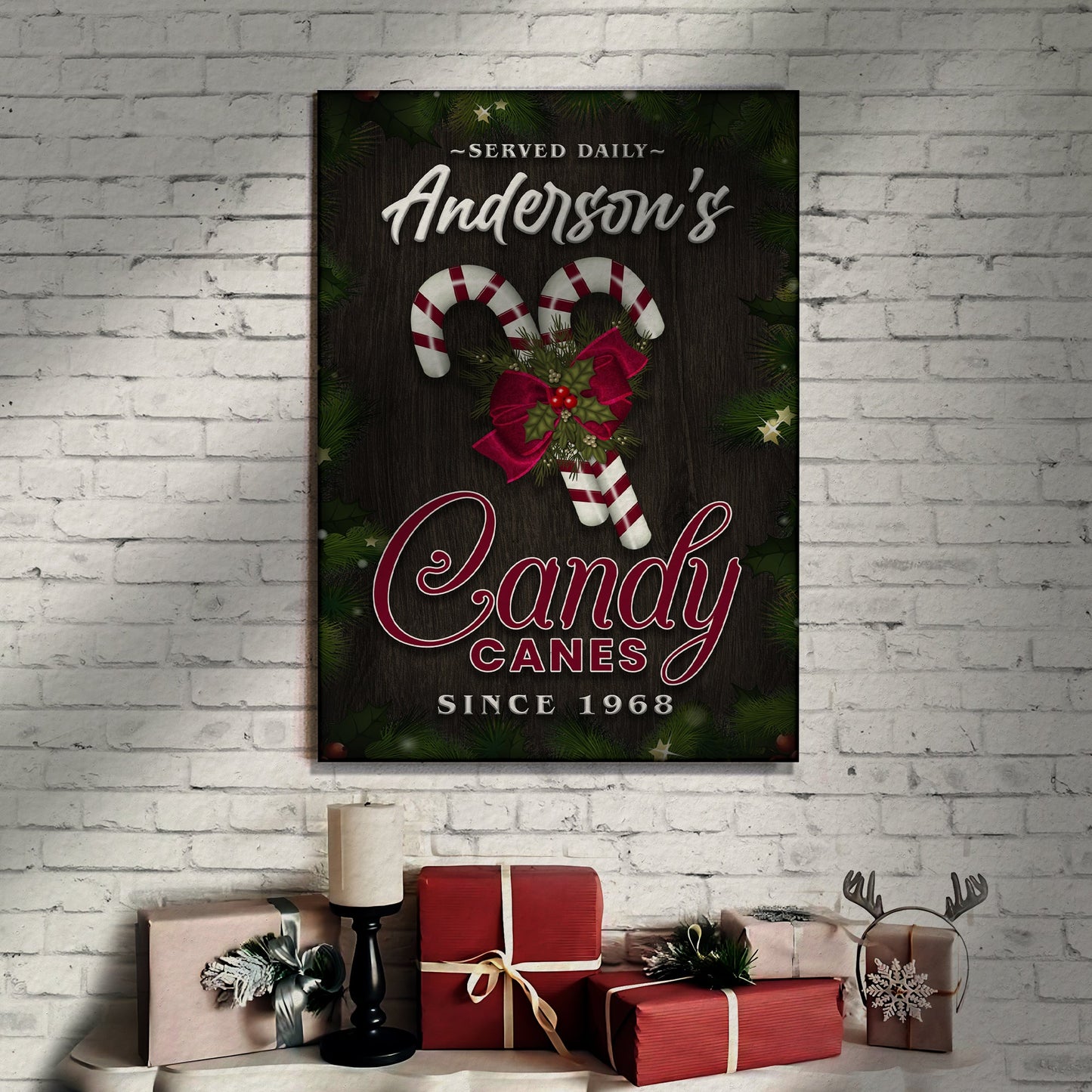 Served Daily Candy Canes Sign canvas by Tailored Canvases with candy canes and holly on Tampa Home & Garden Store
