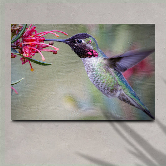 Hummingbird Spring Canvas Wall Art, vivid green hummingbird feeding on pink flowers on Tampa Home & Garden Store