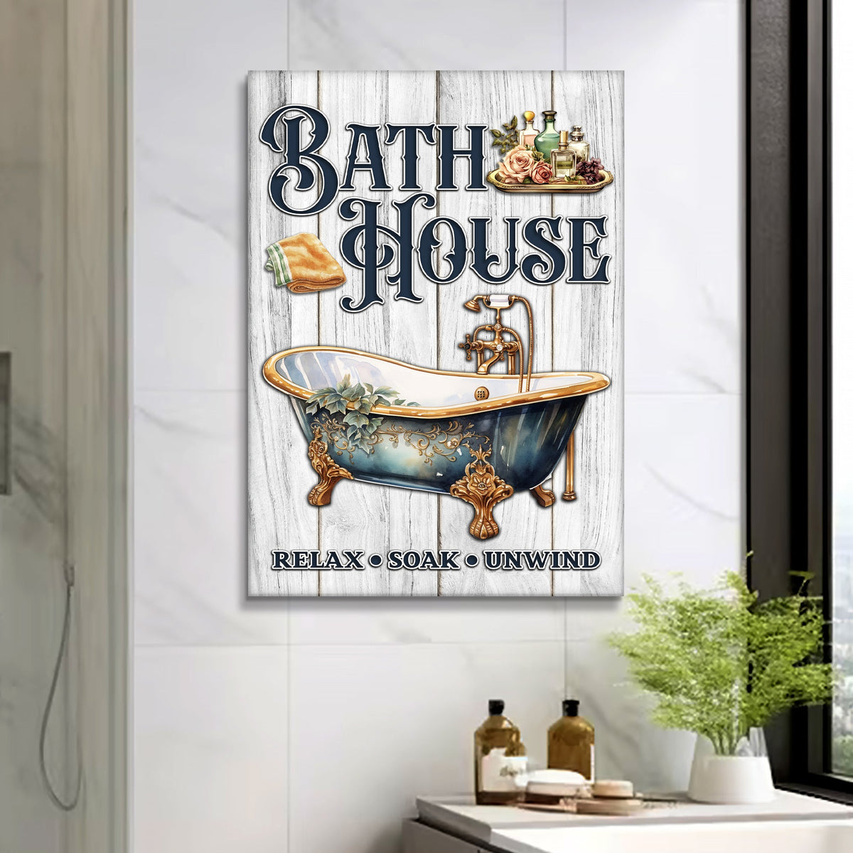 Relax Soak Unwind Bath House Sign canvas art with navy lettering on weathered wood and tub on Tampa Home & Garden Store