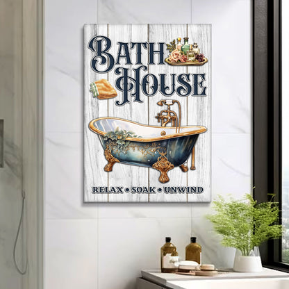 Relax Soak Unwind Bath House Sign canvas art with navy lettering on weathered wood and tub on Tampa Home & Garden Store