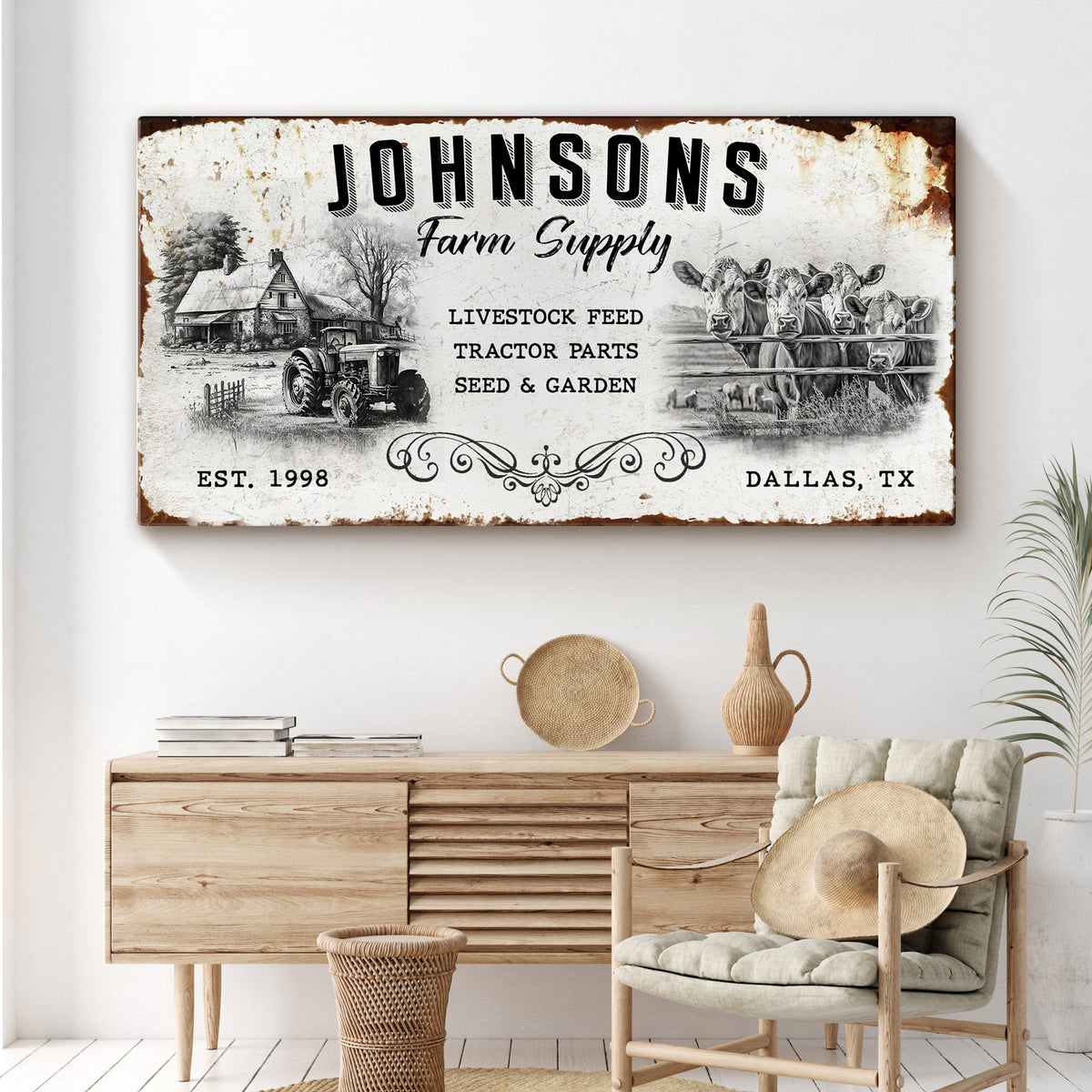 Family Farm Supply Sign canvas featuring Johnsons branding, tractor and cows on Tampa Home & Garden Store