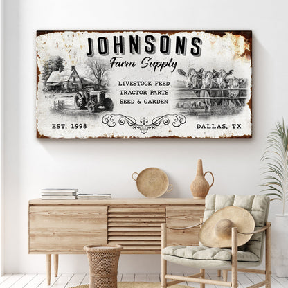 Family Farm Supply Sign canvas featuring Johnsons branding, tractor and cows on Tampa Home & Garden Store