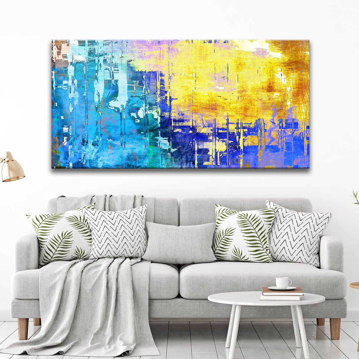 Blue Gold Abstract Painting Canvas Wall Art by Tailored Canvases, modern abstract blue yellow design on Tampa Home & Garden Store