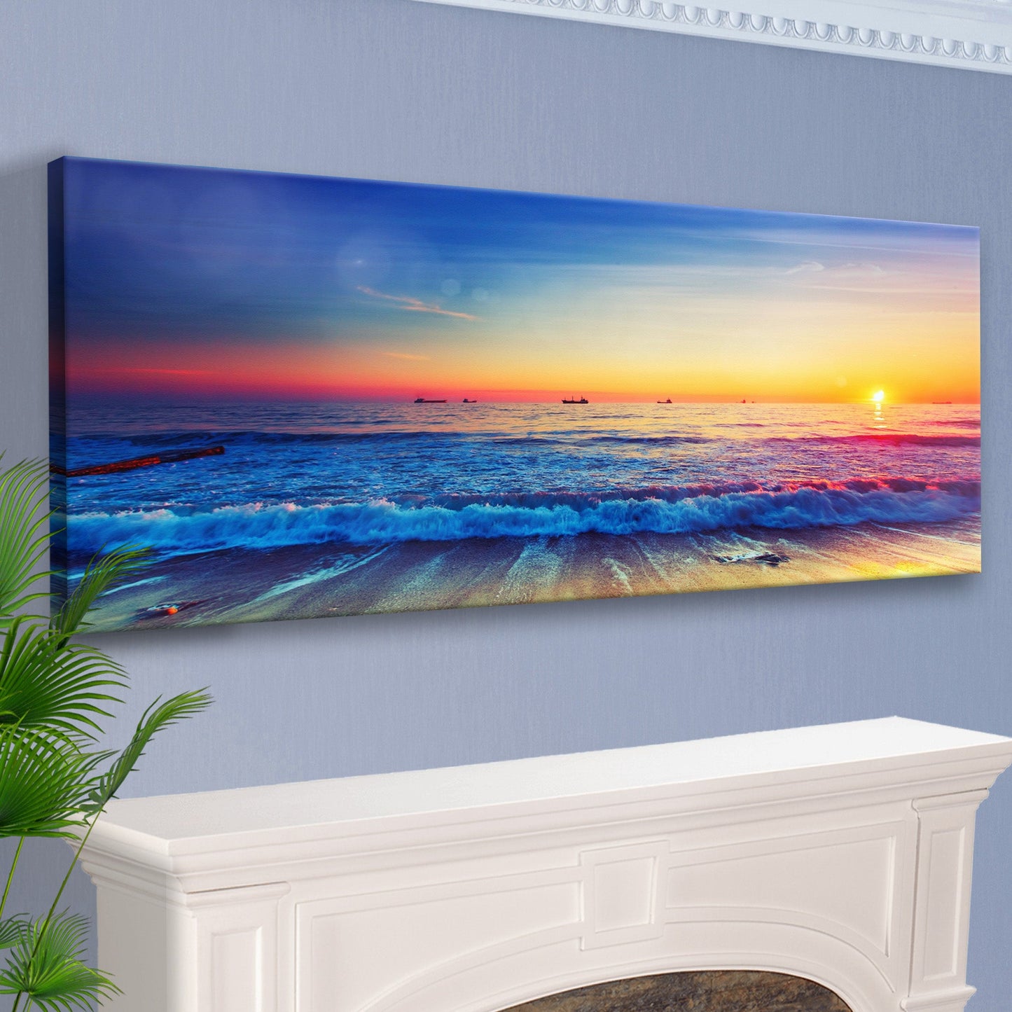 Sunrise Over The Ocean canvas wall art with vivid sunset hues over sea and boats on horizon on Tampa Home & Garden Store