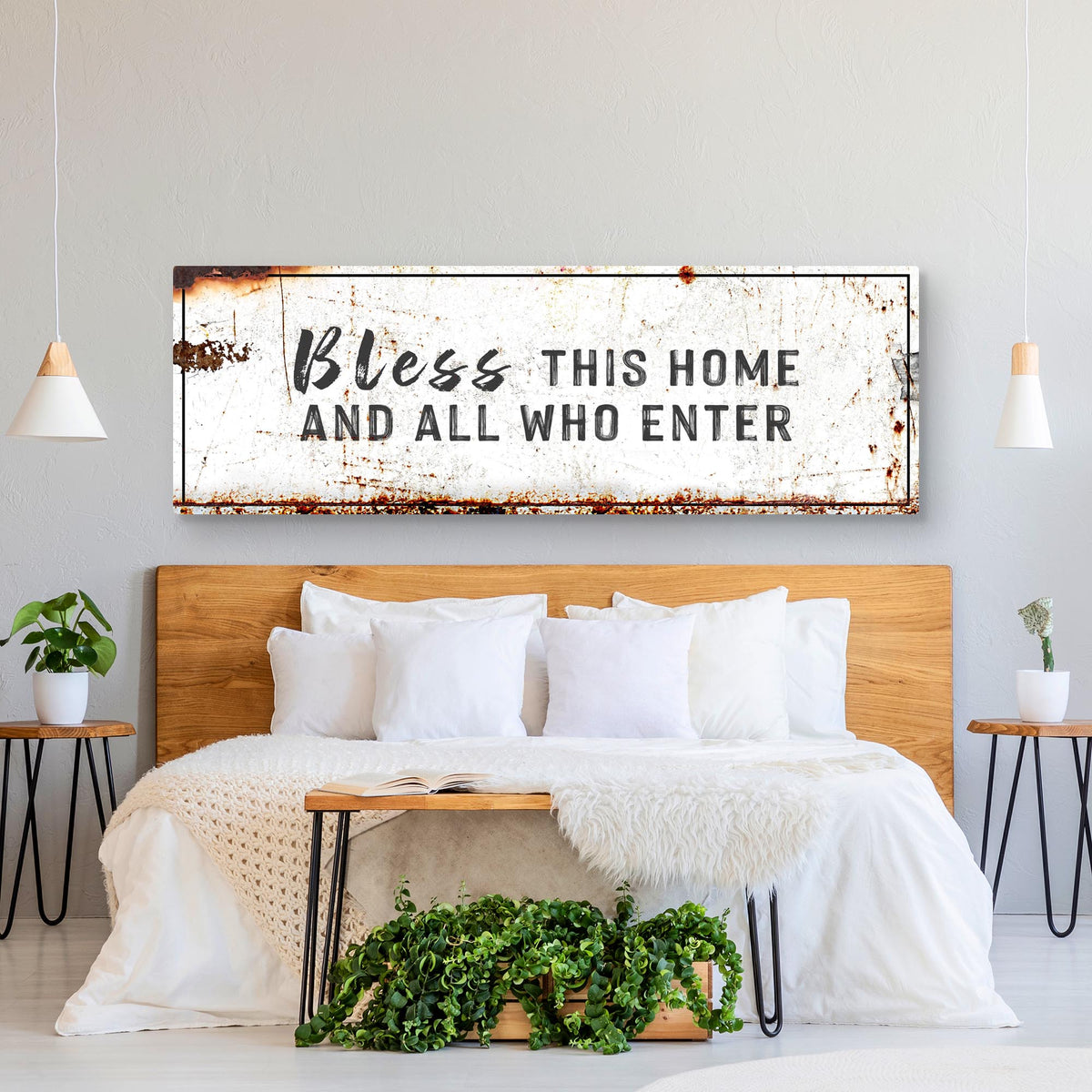 Canvas wall decor by Tailored Canvases, distressed white canvas with Bless This Home text on Tampa Home & Garden Store