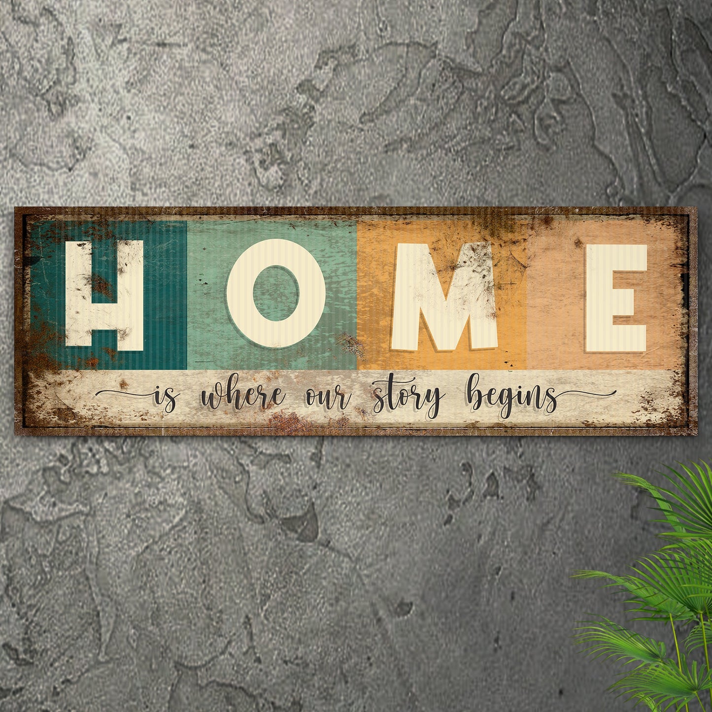 Home Is Where Our Story Begins Sign III canvas craft with distressed multicolor panels on Tampa Home & Garden Store