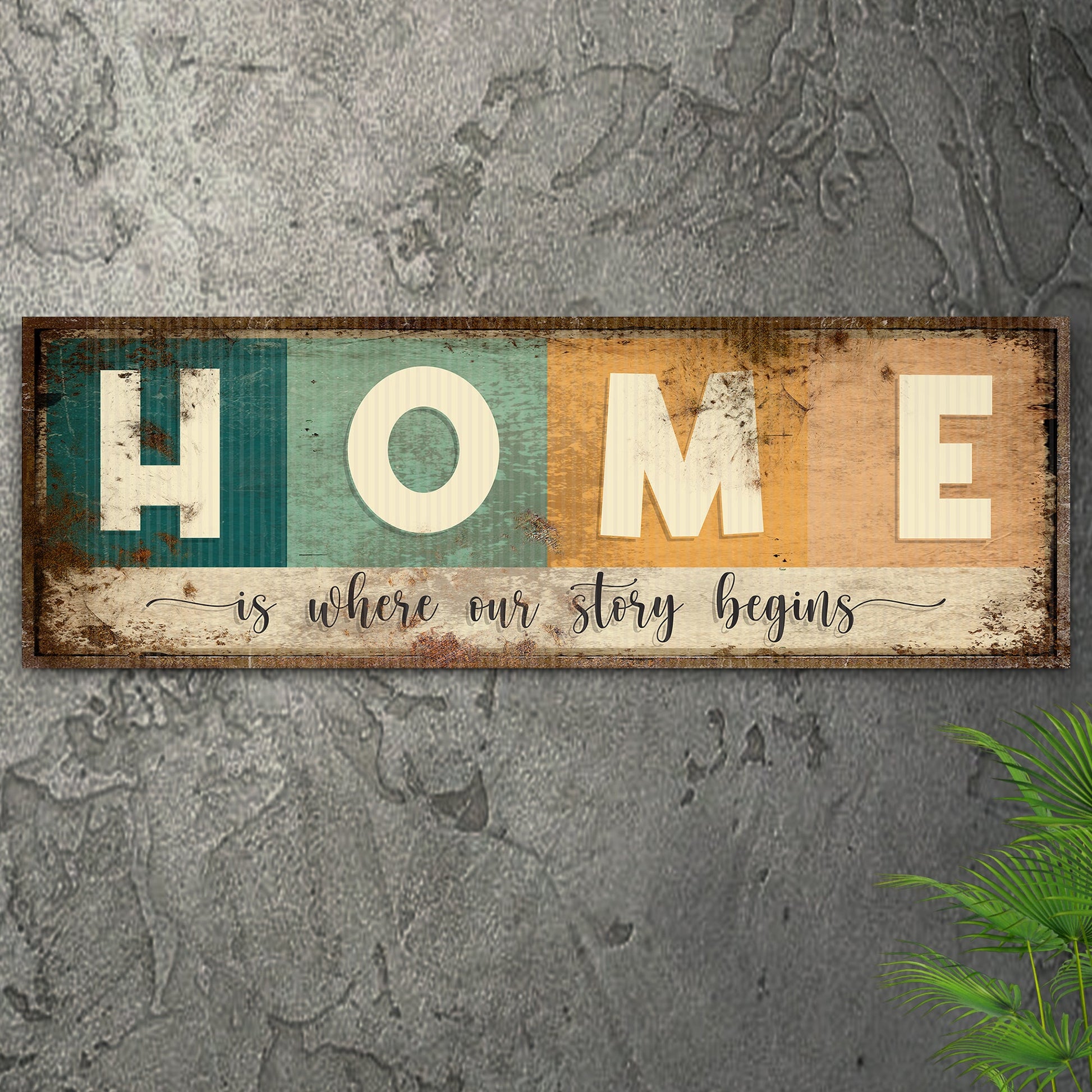 Home Is Where Our Story Begins Sign III canvas craft with distressed multicolor panels on Tampa Home & Garden Store