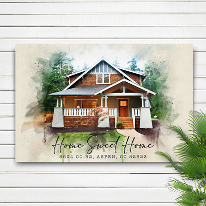 Home Sweet Home watercolor canvas sign, a cozy brown front-porch house with greenery on Tampa Home & Garden Store