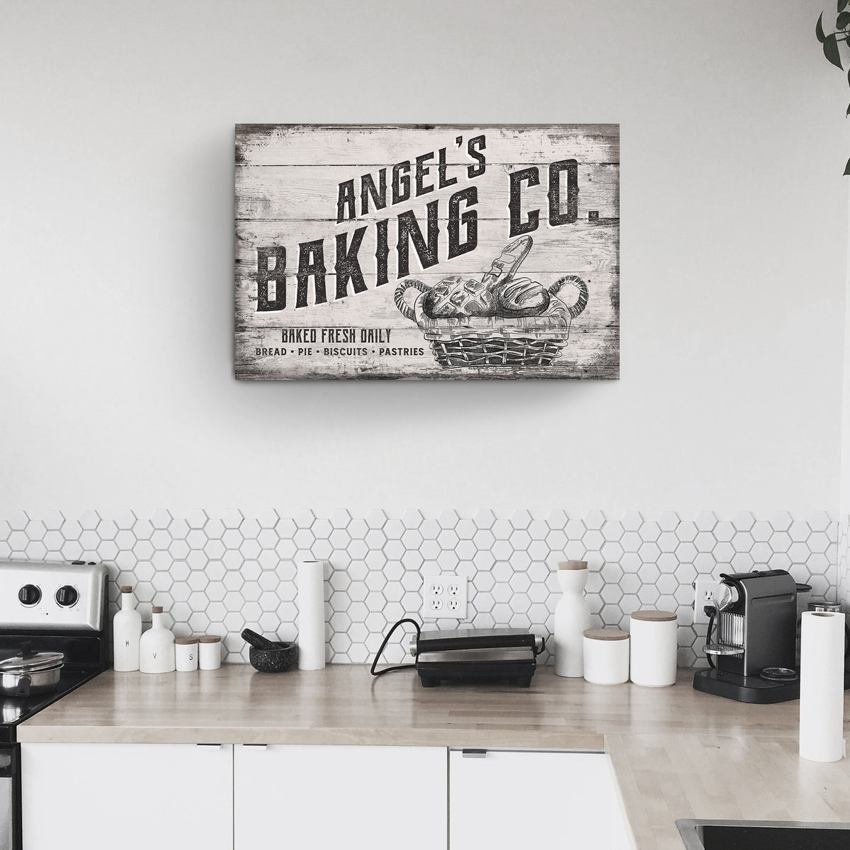 Baking Co Sign III canvas by Tailored Canvases with wood backdrop and bread basket on Tampa Home & Garden Store