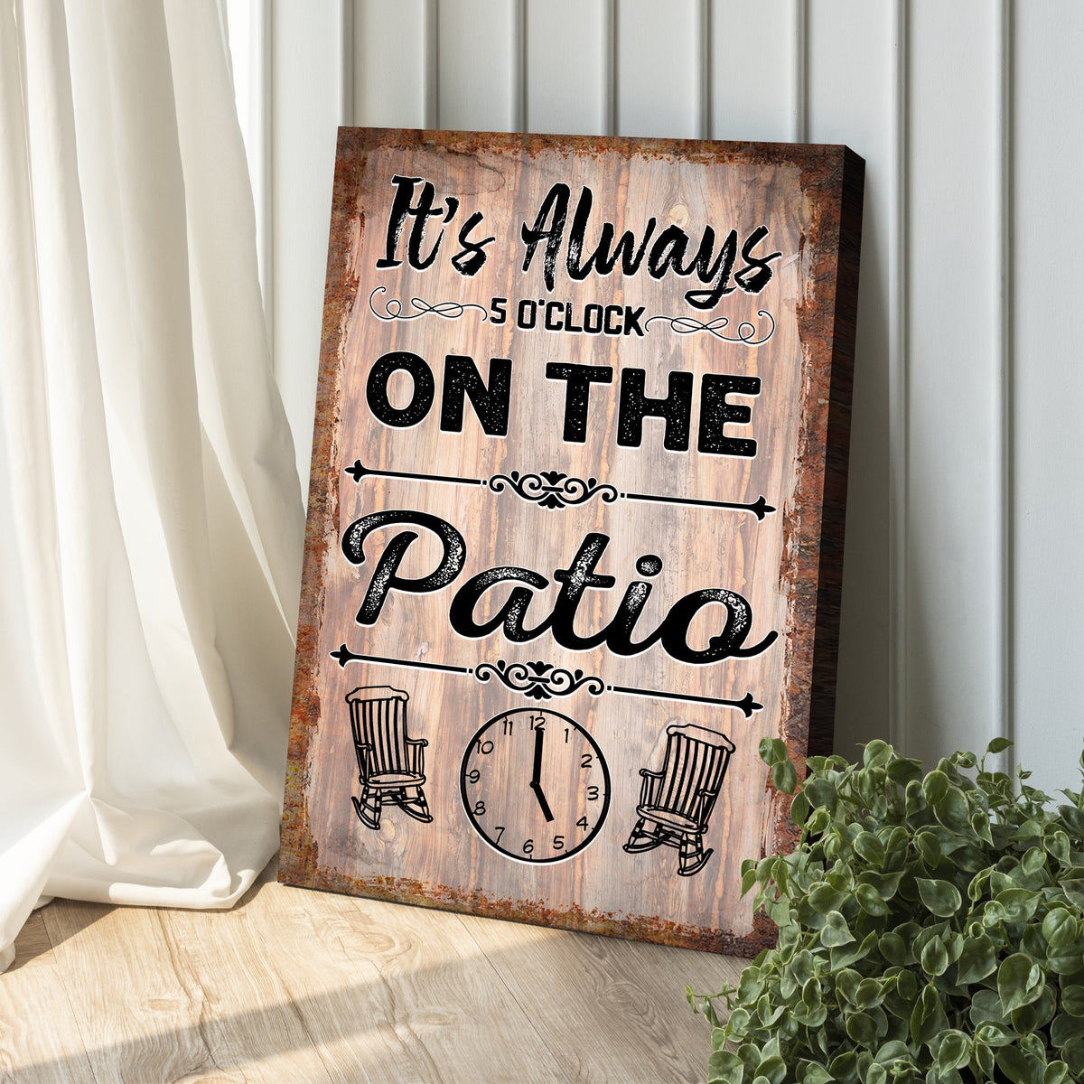 Canvas sign It's Always 5 O'Clock On The Patio with rustic wood background by Tailored Canvases on Tampa Home & Garden Store