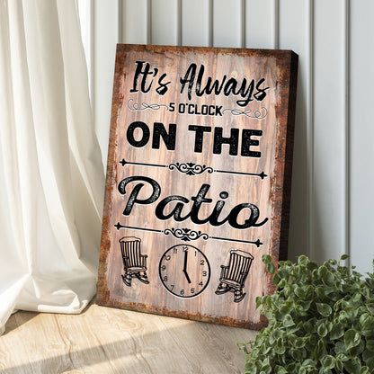 Canvas sign It's Always 5 O'Clock On The Patio with rustic wood background by Tailored Canvases on Tampa Home & Garden Store