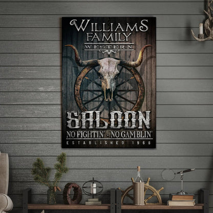 Western Cowboy Saloon Sign canvas by Tailored Canvases with dark wood and longhorn skull on Tampa Home & Garden Store