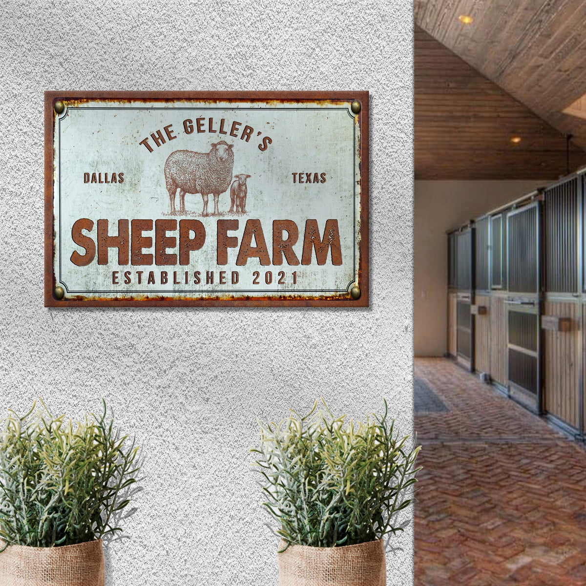 Sheep Farm Sign III canvas by Tailored Canvases with a rustic rust frame on Tampa Home & Garden Store