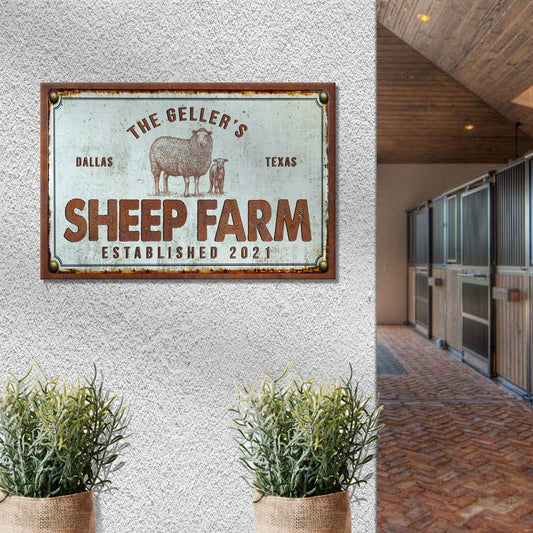 Sheep Farm Sign III canvas by Tailored Canvases with a rustic rust frame on Tampa Home & Garden Store