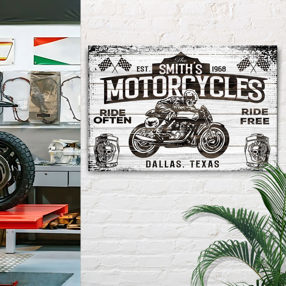Motorcycle ride sign canvas by Tailored Canvases, vintage distressed white wood on Tampa Home & Garden Store