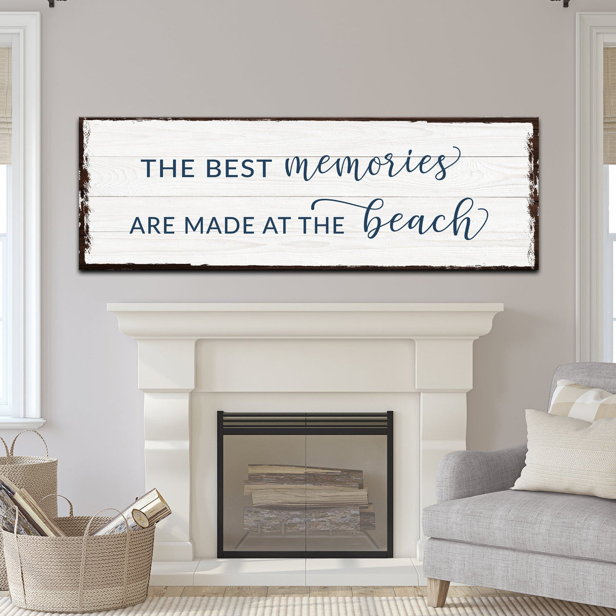 Best Memories At The Beach Canvas Sign on whitewashed wood with navy script text on Tampa Home & Garden Store