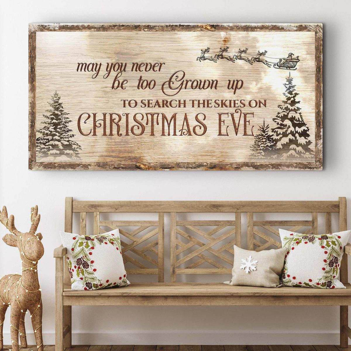 Christmas Eve farmhouse canvas sign by Tailored Canvases with rustic wood frame and sleigh scene on Tampa Home & Garden Store